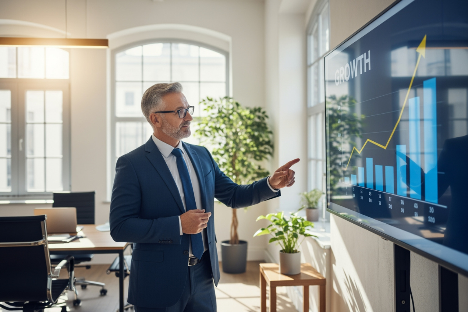 Business owner looking at a growth chart showing visibility increase. Business owner looking at a growth chart showing visibility increase.