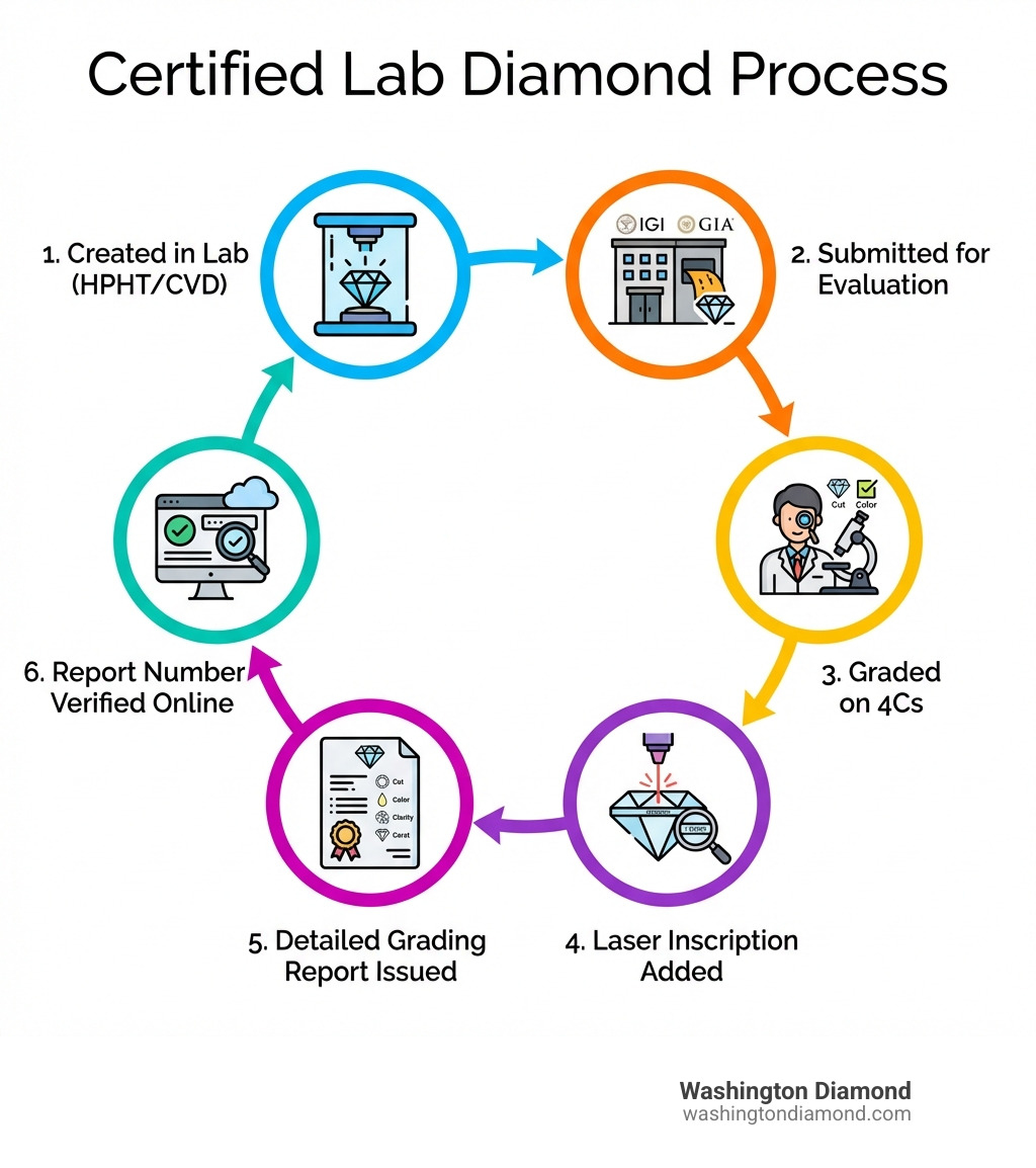 Infographic showing lab diamond certification process: 1. Diamond created in lab using HPHT or CVD method 2. Submitted to IGI or GIA for evaluation 3. Graded on 4Cs by certified gemologists 4. Laser inscription added to girdle 5. Detailed grading report issued 6. Report number verified online - certified lab diamonds infographic 
