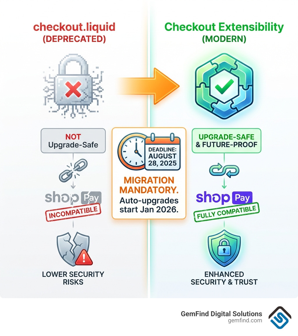 Infographic showing the differences between checkout.liquid (deprecated) and Checkout Extensibility, including upgrade-safety, Shop Pay compatibility, security benefits, and the August 28, 2025 deadline for migration - Shopify Plus checkout customization infographic 