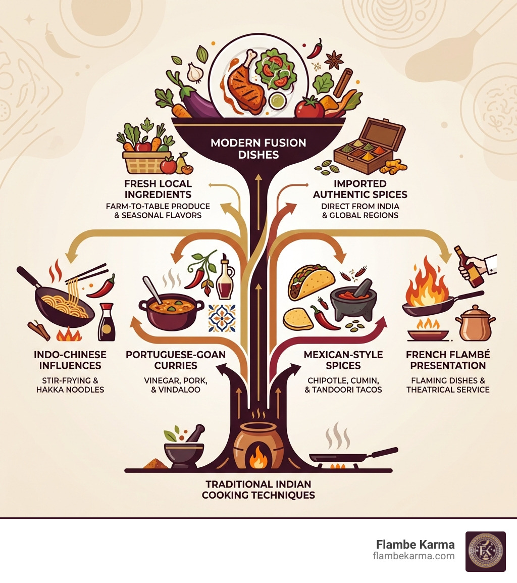 Infographic showing the evolution of restaurant Indian fusion: traditional Indian cooking techniques at the base, branching into global influences like Indo-Chinese stir-frying, Portuguese-Goan curries, Mexican-style spices, and French flambé presentation, all converging into modern fusion dishes with fresh local ingredients and imported authentic spices - restaurant indian fusion infographic 