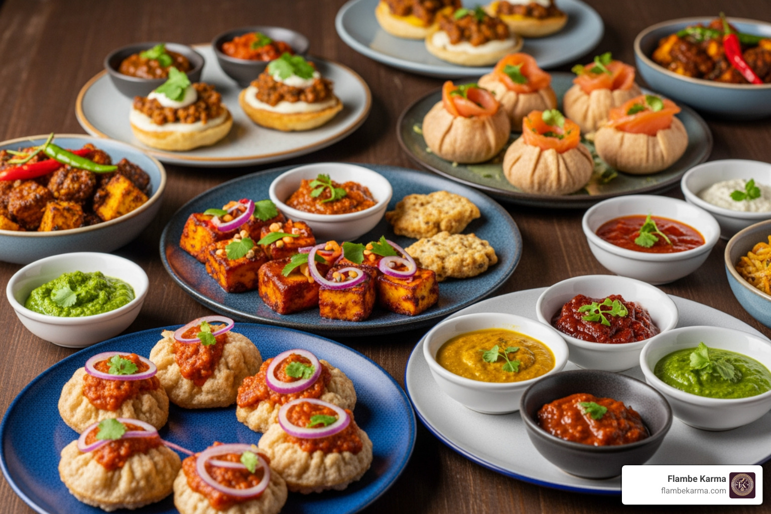 A vibrant spread of Indian fusion appetizers including small plates of chili paneer, smoked salmon puchkas, and colorful chutneys on an artistic table setting - restaurant indian fusion
