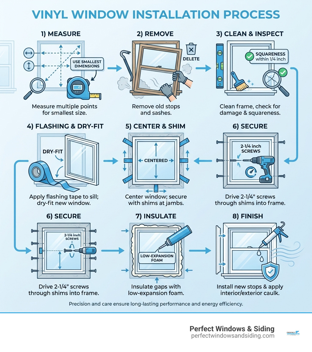 Infographic showing the vinyl window installation process: 1) Measure window opening at multiple points and use smallest dimensions, 2) Remove old window stops and sashes, 3) Clean and inspect frame for damage, ensure squareness within 1/4 inch, 4) Apply flashing tape to sill and dry-fit new window, 5) Center window and secure with shims at jambs, 6) Drive 2-1/4 inch screws through shims into frame, 7) Insulate gaps with low-expansion foam, 8) Install new stops and apply interior/exterior caulk - Vinyl window installation infographic 