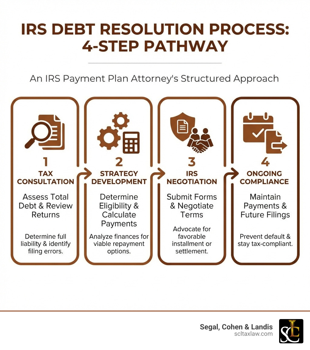 infographic showing 4-step IRS debt resolution process: 1. Tax Consultation - assess total debt and review returns, 2. Strategy Development - determine eligibility and calculate payments, 3. IRS Negotiation - submit forms and negotiate terms, 4. Ongoing Compliance - maintain payments and future filings - IRS payment plan attorney infographic