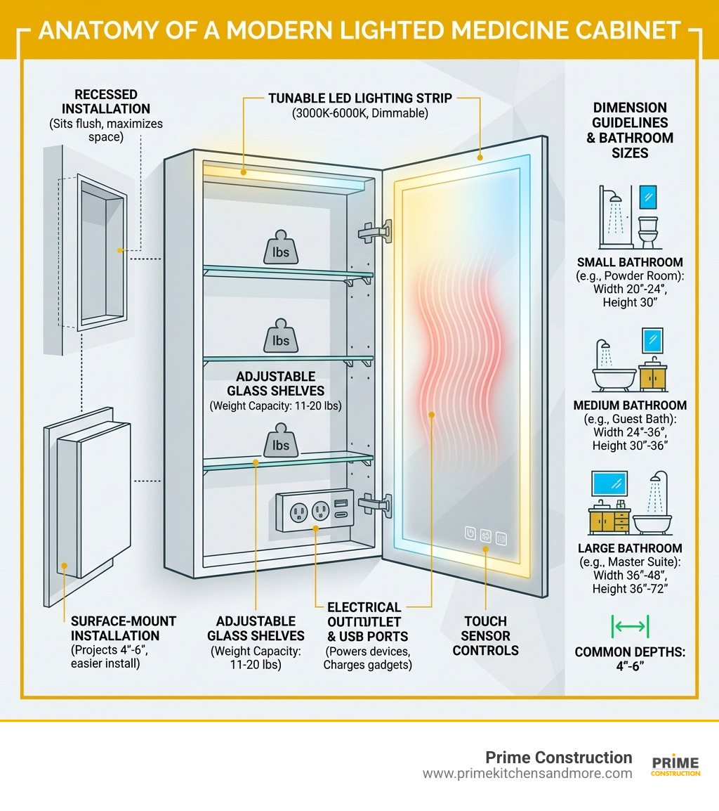 infographic showing the anatomy of a modern lighted medicine cabinet with labeled components: tunable LED lighting strip, touch sensor controls, anti-fog heating element, adjustable glass shelves with weight capacity, electrical outlet and USB ports, recessed vs surface-mount installation comparison, and dimension guidelines for different bathroom sizes - Lighted medicine cabinet infographic 
