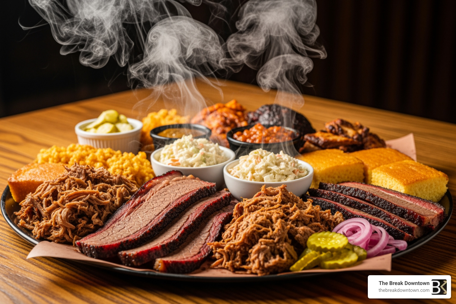 A platter with smoked brisket, pulled pork, and classic sides like coleslaw and cornbread - grill salt lake city