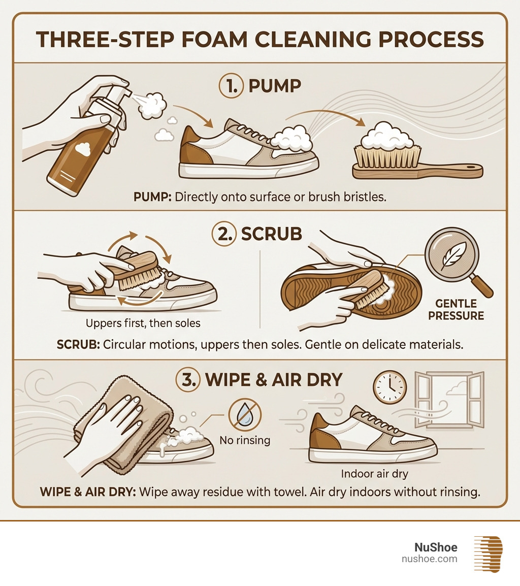 Infographic showing the three-step foam cleaning process: Step 1 - Pump foam directly onto shoe surface or brush bristles; Step 2 - Scrub in circular motions starting with uppers then moving to soles, using gentle pressure on delicate materials; Step 3 - Wipe away foam residue with microfiber towel and allow to air dry indoors without rinsing - shoe cleaning foam spray infographic 