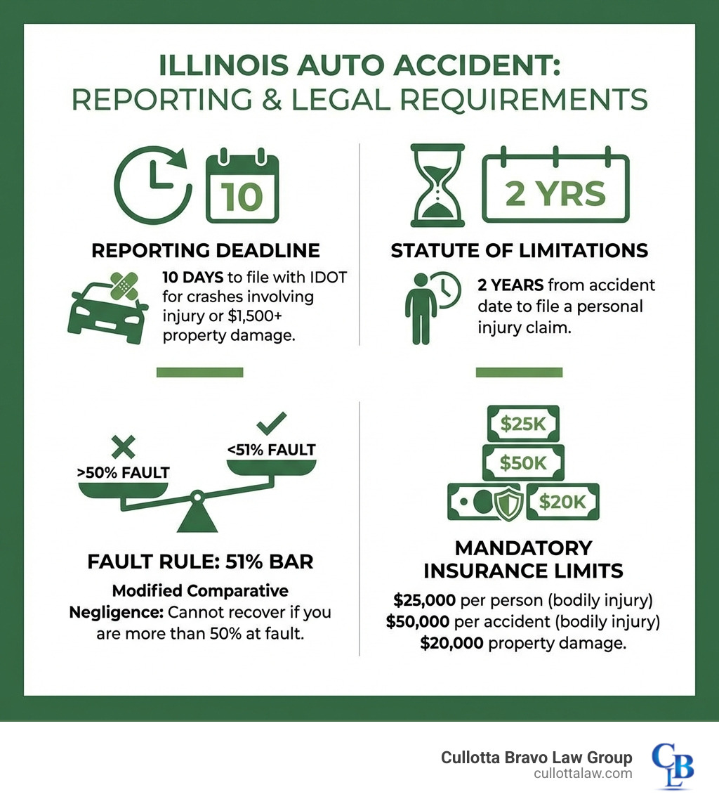 infographic showing Illinois accident reporting requirements: 10-day deadline for crashes involving injury or $1,500+ property damage; 2-year statute of limitations for personal injury claims; modified comparative negligence with 51% fault bar; mandatory minimum insurance limits of $25,000 per person, $50,000 per accident, $20,000 property damage - auto accident lawyer Illinois infographic infographic showing Illinois accident reporting requirements: 10-day deadline for crashes involving injury or $1,500+ property damage; 2-year statute of limitations for personal injury claims; modified comparative negligence with 51% fault bar; mandatory minimum insurance limits of $25,000 per person, $50,000 per accident, $20,000 property damage - auto accident lawyer Illinois infographic