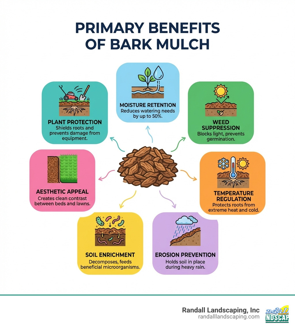 Infographic showing the primary benefits of bark mulch: moisture retention reduces watering needs by up to 50%, weed suppression blocks light to prevent germination, temperature regulation protects roots from extreme heat and cold, erosion prevention holds soil in place during heavy rain, soil enrichment as organic matter decomposes and feeds beneficial microorganisms, aesthetic appeal creates clean contrast between beds and lawns, and plant protection shields roots and prevents damage from lawn equipment - bark mulch infographic 