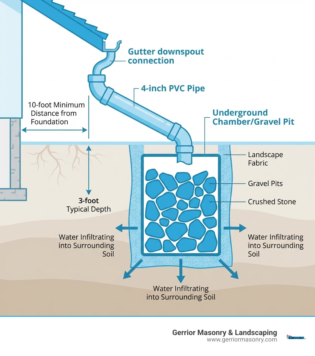 infographic showing cross-section of a dry well system with labeled components: gutter downspout connection at top, 4-inch PVC pipe angled downward, underground chamber or gravel pit wrapped in landscape fabric, crushed stone surrounding the chamber, water infiltrating into surrounding soil, and measurements showing 10-foot minimum distance from foundation and 3-foot typical depth - dry well for gutter downspout infographic 
