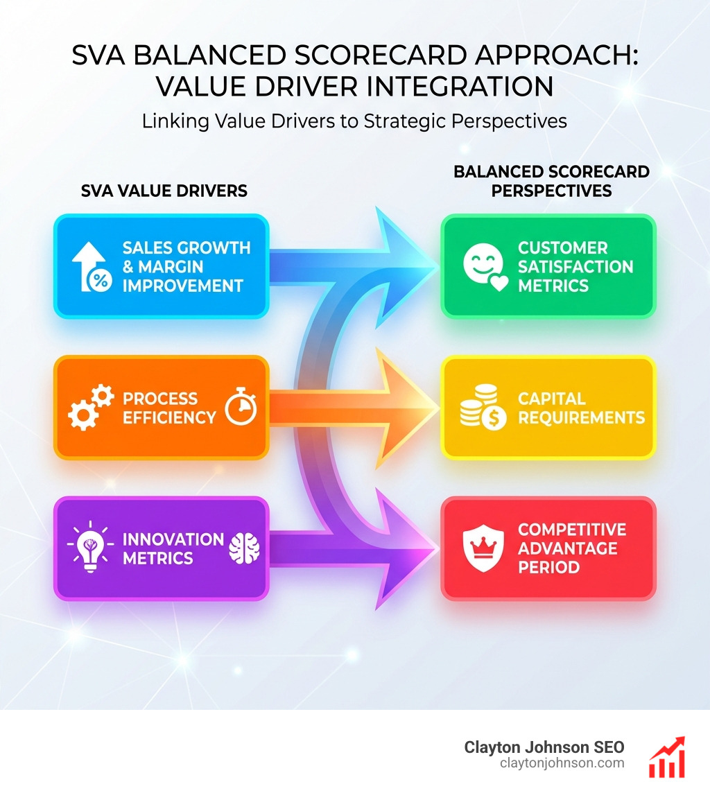 infographic showing SVA value drivers flowing into balanced scorecard perspectives with arrows connecting sales growth and margin improvement to customer satisfaction metrics, process efficiency to capital requirements, and innovation metrics to competitive advantage period - SVA balanced scorecard approach infographic 