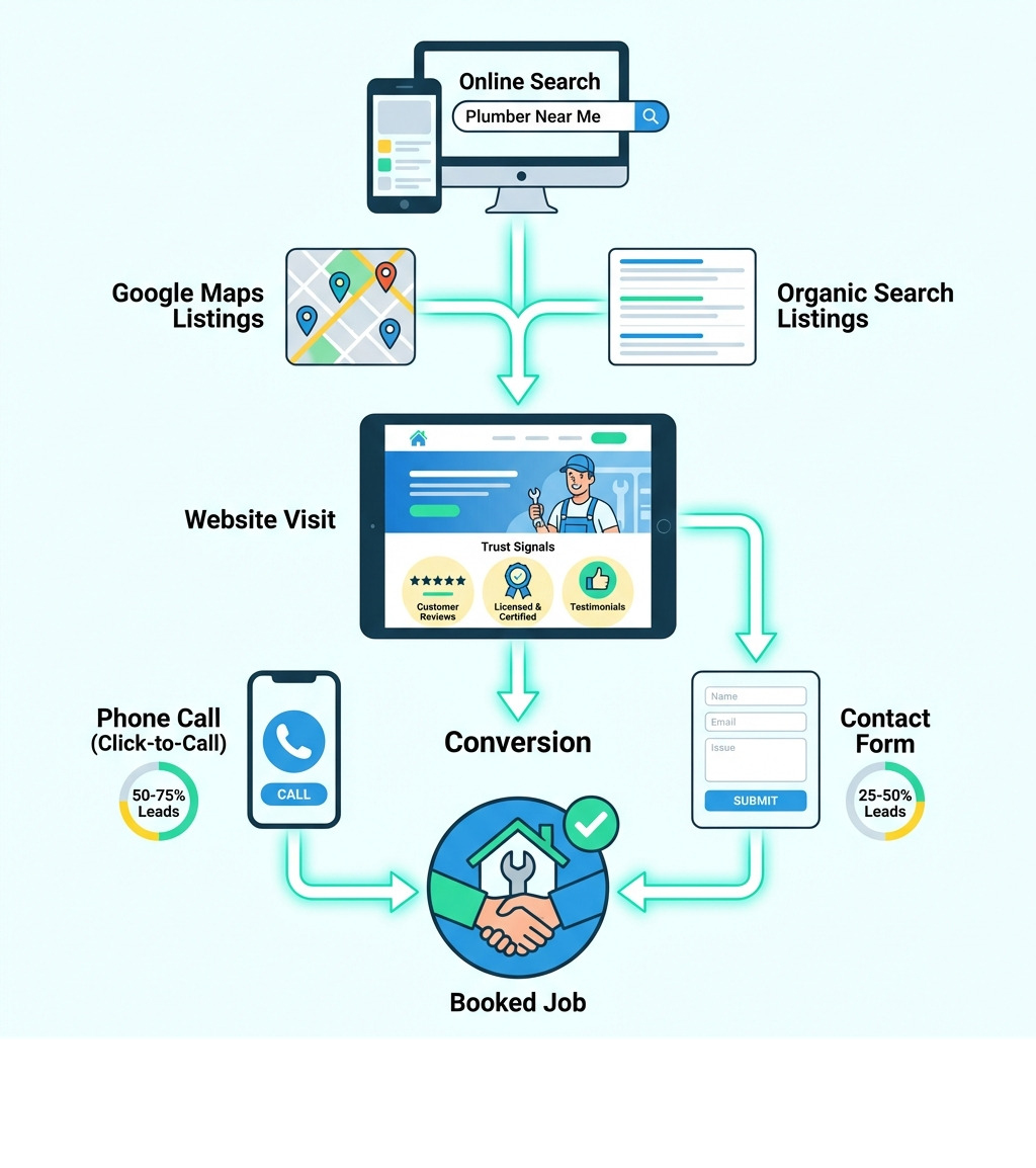 infographic showing the plumber lead generation funnel from online search through Google Maps and organic listings, to website visit with trust signals like reviews and certifications, then conversion via phone call or contact form, leading to booked job - web design for plumbers infographic 