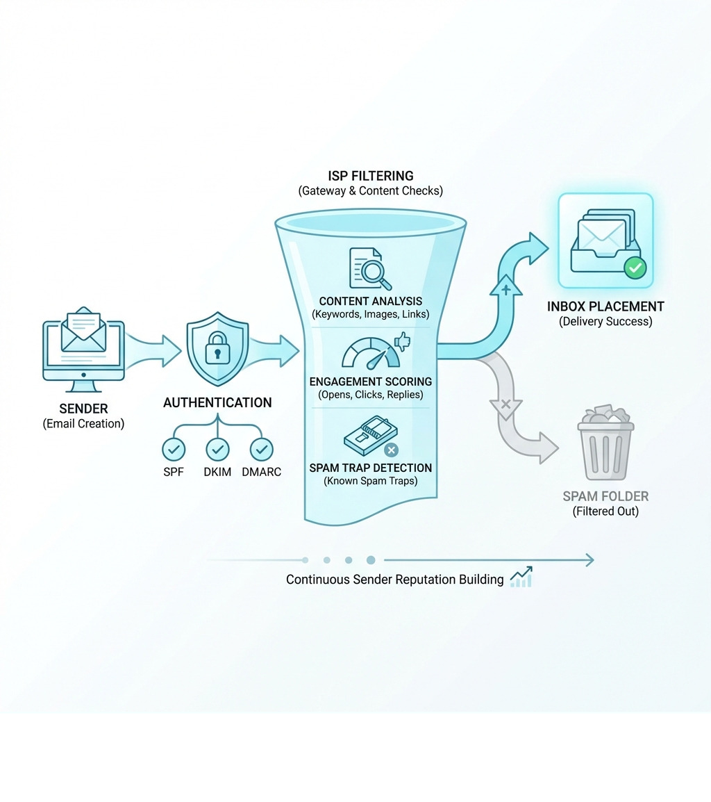 Infographic showing the complete email deliverability journey from sender authentication through ISP filtering to final inbox placement, including key checkpoints like SPF/DKIM verification, content analysis, engagement scoring, and spam trap detection - Email marketing deliverability tips infographic 