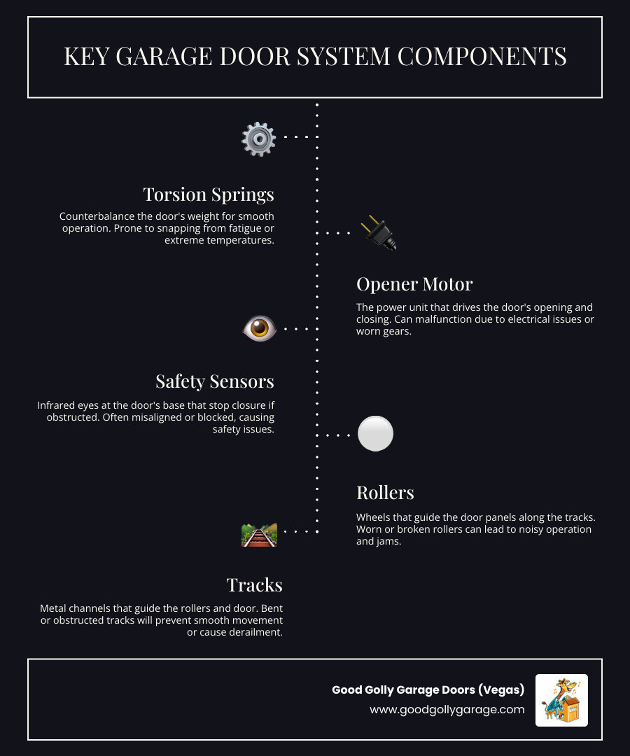 infographic showing garage door system components including torsion springs, opener motor, safety sensors, rollers, tracks, and weatherstripping with labels explaining each part's function and common issues - good golly garage doors summerlin nv infographic infographic-line-5-steps-dark