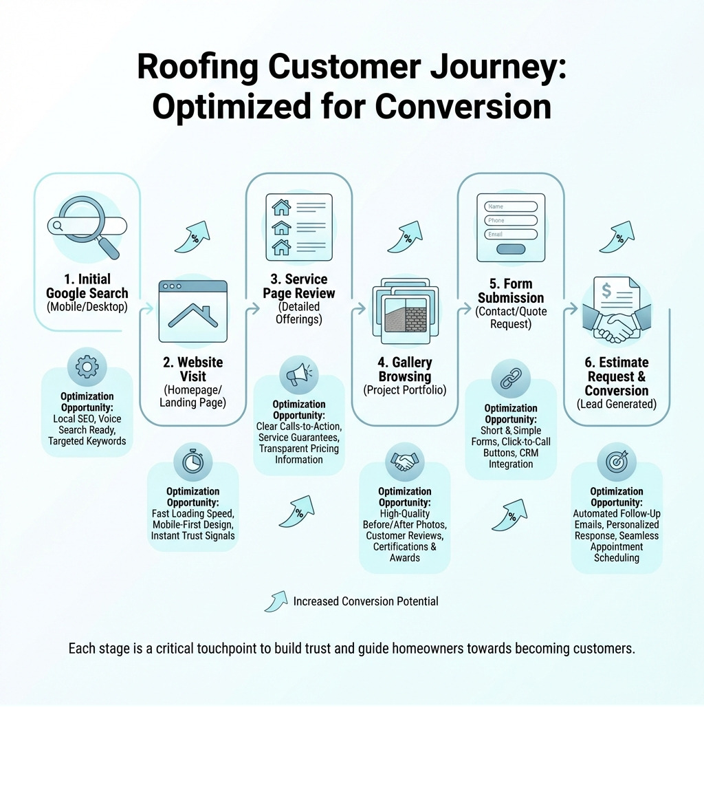 infographic showing the roofing customer journey from initial Google search through website visit, service page review, gallery browsing, form submission, and estimate request, with conversion optimization opportunities at each stage - roofer website designs infographic 