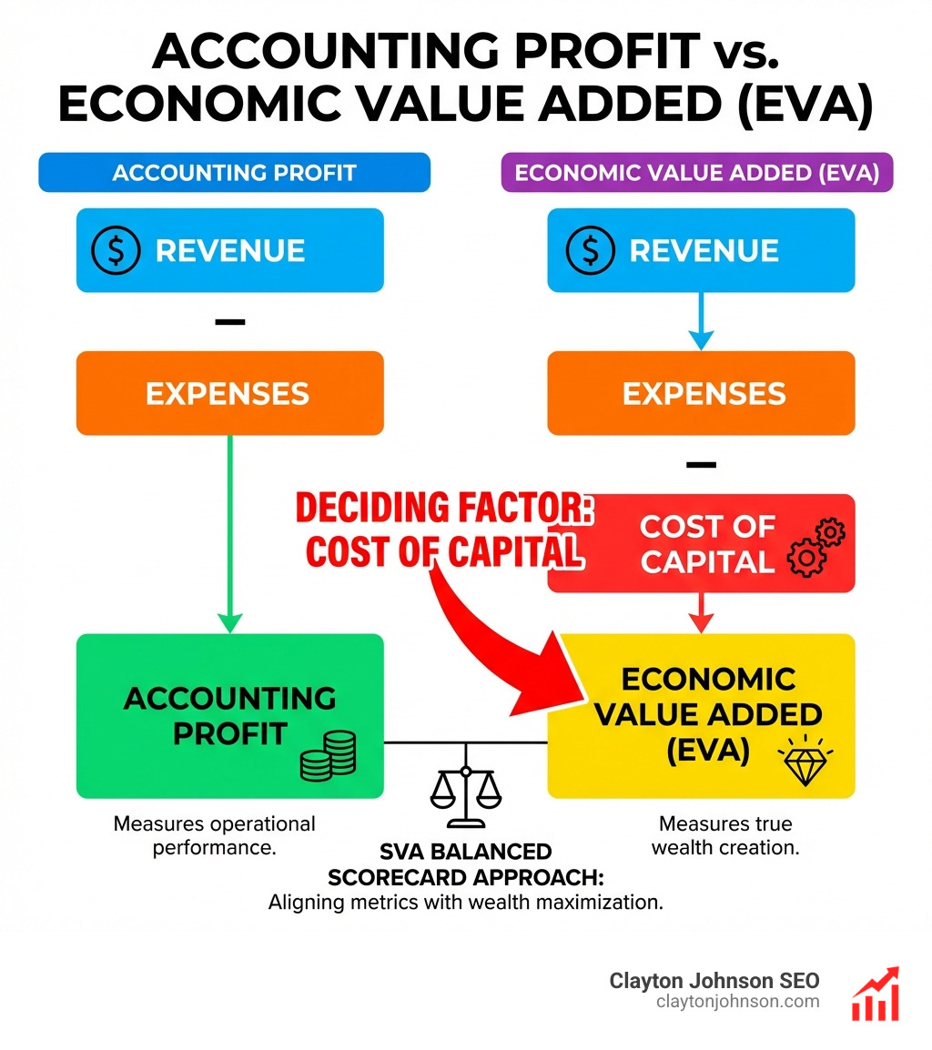 infographic showing the difference between accounting profit and economic value added, highlighting the cost of capital as the deciding factor - SVA balanced scorecard approach infographic 