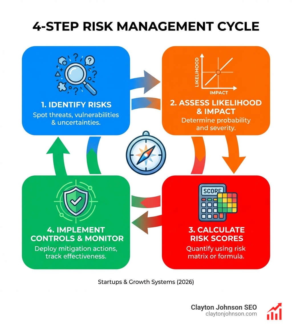 infographic showing 4-step risk management cycle: identify risks, assess likelihood and impact, calculate risk scores, implement controls and monitor - risk matrix template download infographic 