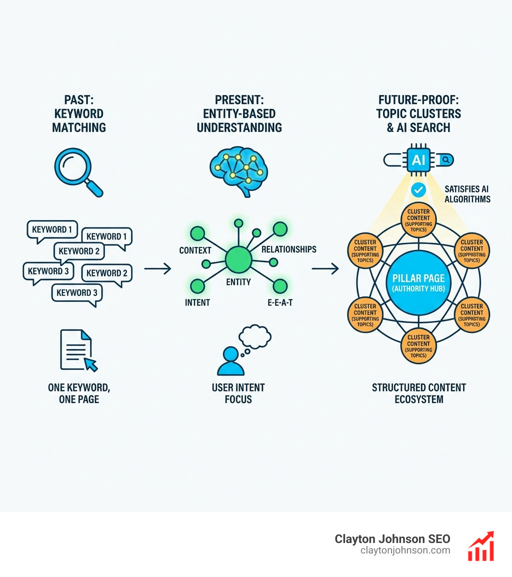 infographic showing the evolution of search from keyword matching to entity-based understanding and how topic clusters satisfy modern AI search algorithms - pillar cluster content strategy infographic 