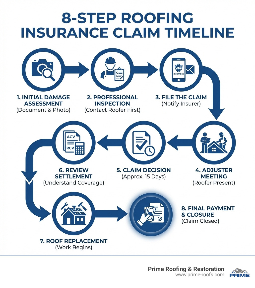 detailed infographic showing the 8-step insurance claim timeline from initial damage assessment through final payment and claim closure - insurance claim roofing infographic 