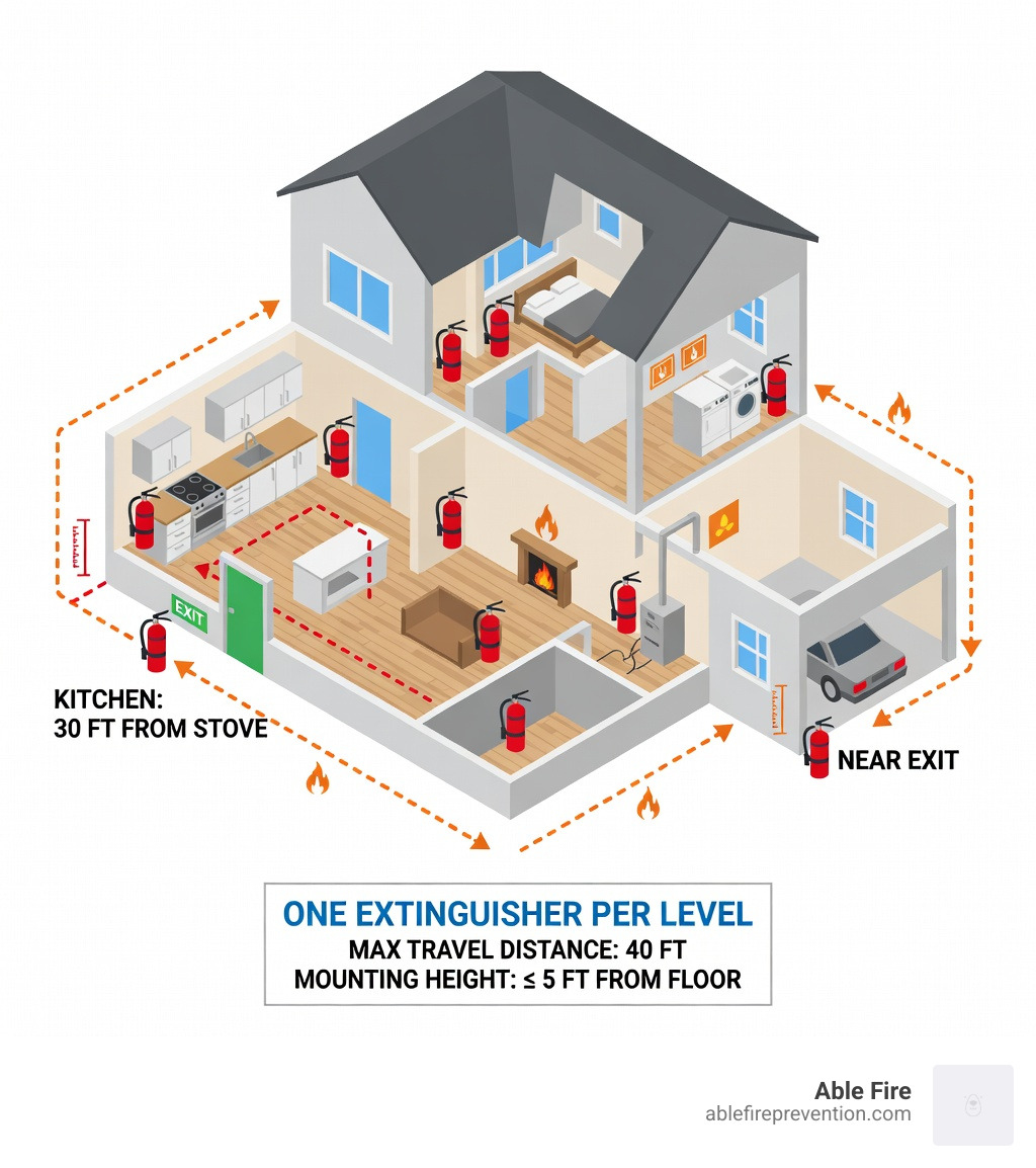infographic showing fire extinguisher placement on each floor of a home with travel distances marked, including kitchen placement 30 feet from stove, garage near exit, one per level, maximum 40-foot travel distance between extinguishers, and mounting height of 5 feet maximum from floor - where to place fire extinguishers in home infographic infographic showing fire extinguisher placement on each floor of a home with travel distances marked, including kitchen placement 30 feet from stove, garage near exit, one per level, maximum 40-foot travel distance between extinguishers, and mounting height of 5 feet maximum from floor - where to place fire extinguishers in home infographic