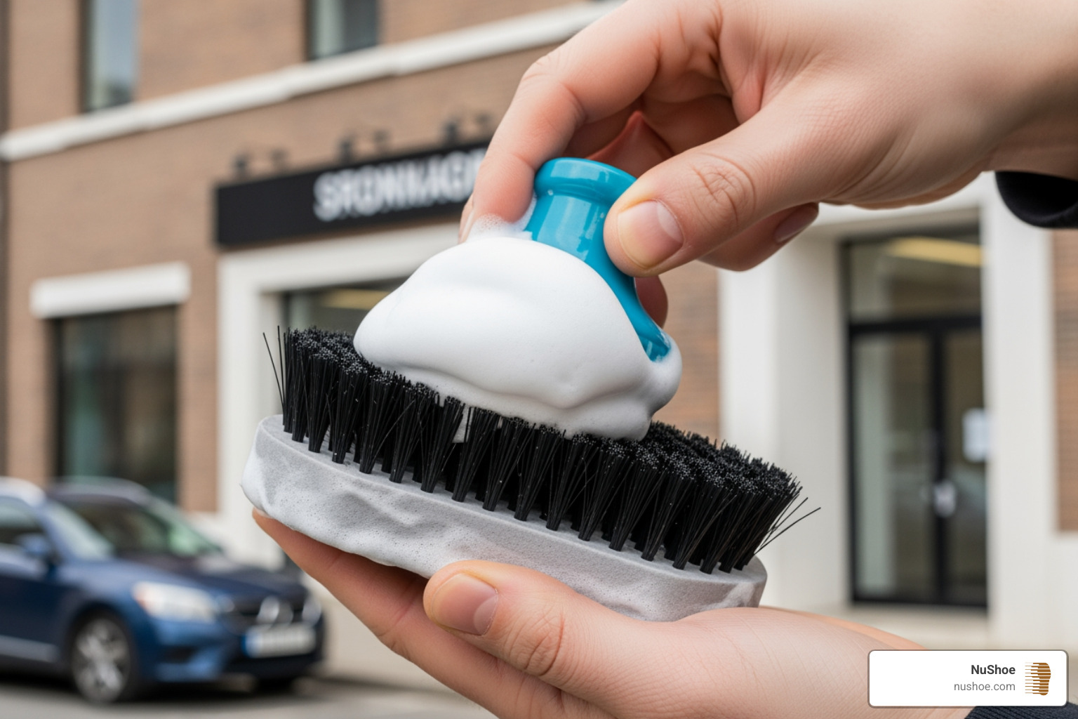 Applying foam to a specialized cleaning brush - shoe cleaning foam spray
