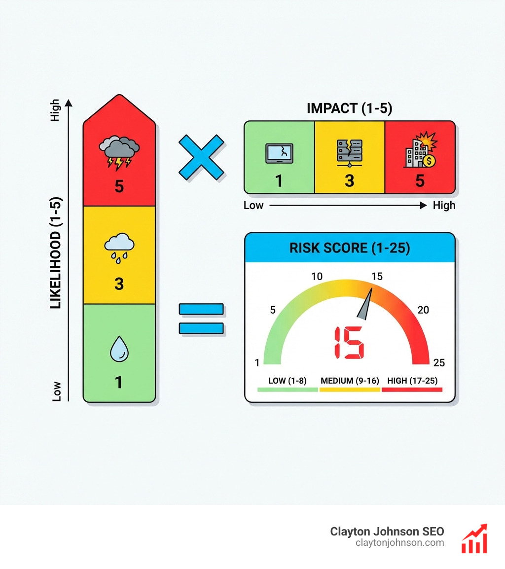 infographic showing risk score calculation: Likelihood (1-5) x Impact (1-5) = Risk Score (1-25) - risk matrix template download infographic 