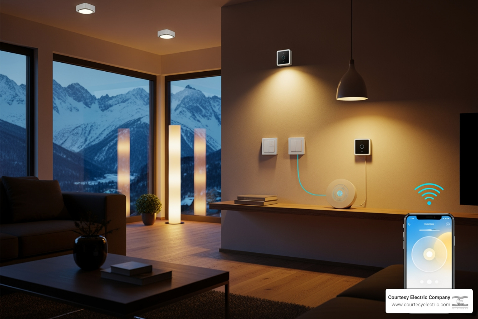 infographic showing lighting control system components including smart switches connected to central hub controlling LED fixtures with wireless protocols and mobile app interface - lighting control installation in fraser, co