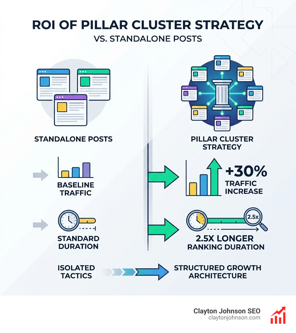 infographic showing the ROI of a pillar cluster strategy, including a 30% traffic increase and 2.5x longer ranking duration compared to standalone posts - pillar cluster content strategy infographic 