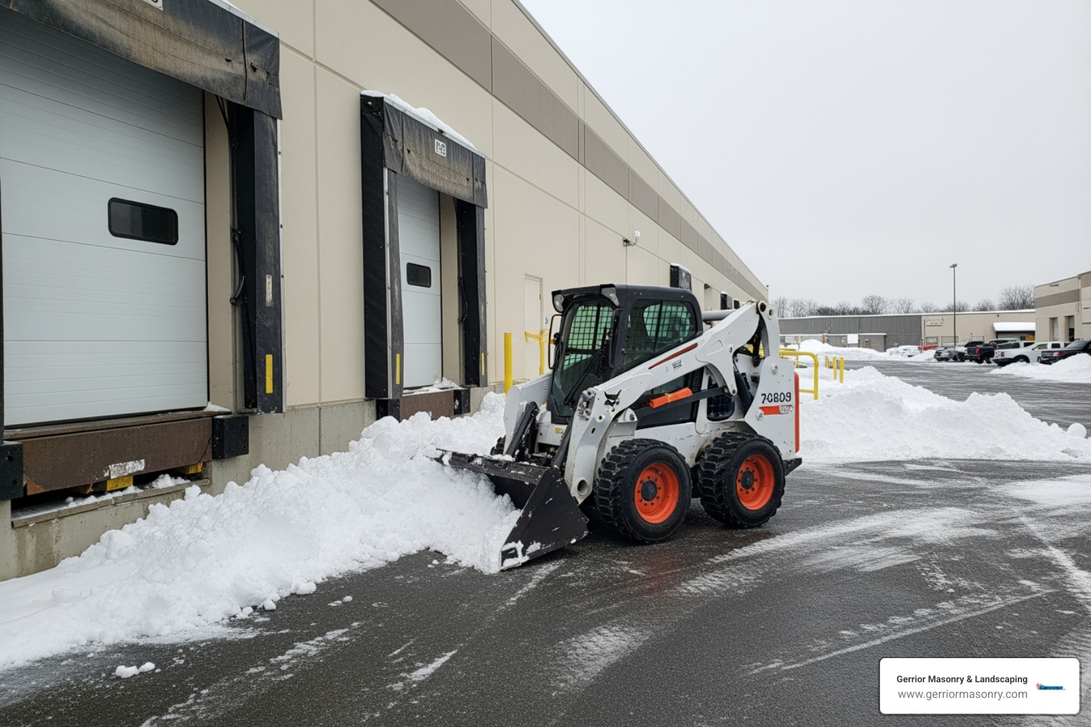 Skid-steer loader with a snow pusher attachment clearing a commercial loading dock area - Commercial Snow Plowing