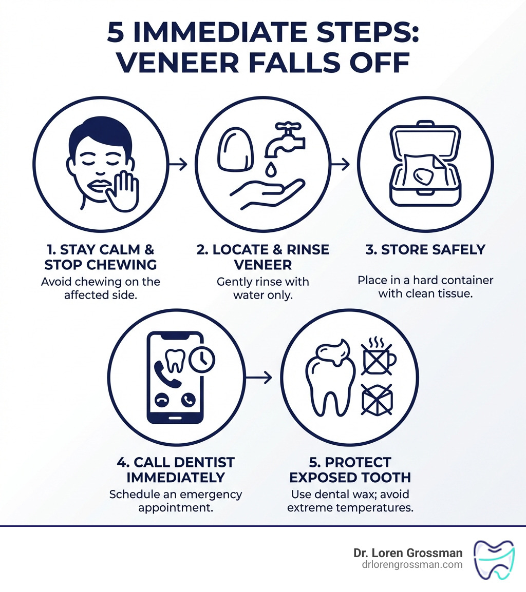 Infographic showing 5 immediate steps when a veneer falls off: 1. Stay calm and stop chewing on that side, 2. Locate the veneer and rinse gently with water, 3. Store in a hard container wrapped in clean tissue, 4. Call your dentist immediately for an appointment, 5. Protect exposed tooth with dental wax and avoid extreme temperatures - veneers falling off infographic 