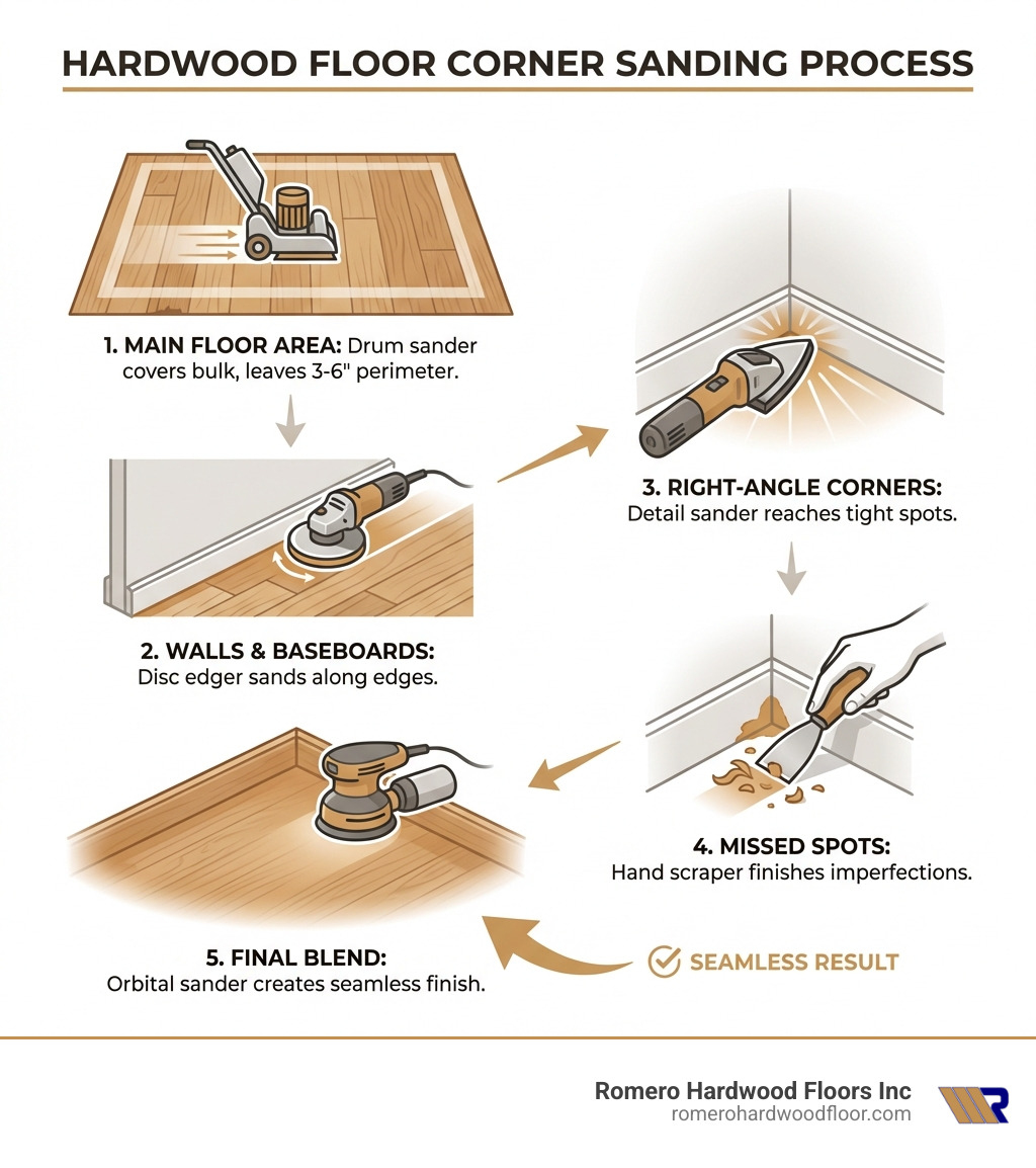 Infographic showing the corner sanding process: 1) Drum sander covers main floor area leaving 3-6 inch perimeter, 2) Disc edger sands along walls and baseboards, 3) Detail sander reaches right-angle corners, 4) Hand scraper finishes spots power tools miss, 5) Final blend with orbital sander for seamless finish - hardwood floor corner sander infographic 