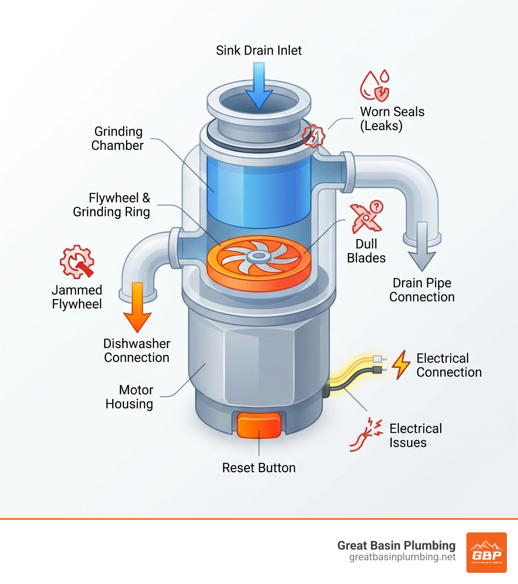 infographic showing garbage disposal anatomy including motor housing, grinding chamber, flywheel, reset button, and drain connections with labels for common failure points like worn seals, jammed flywheel, dull blades, and electrical issues - garbage disposal repair Utah infographic 