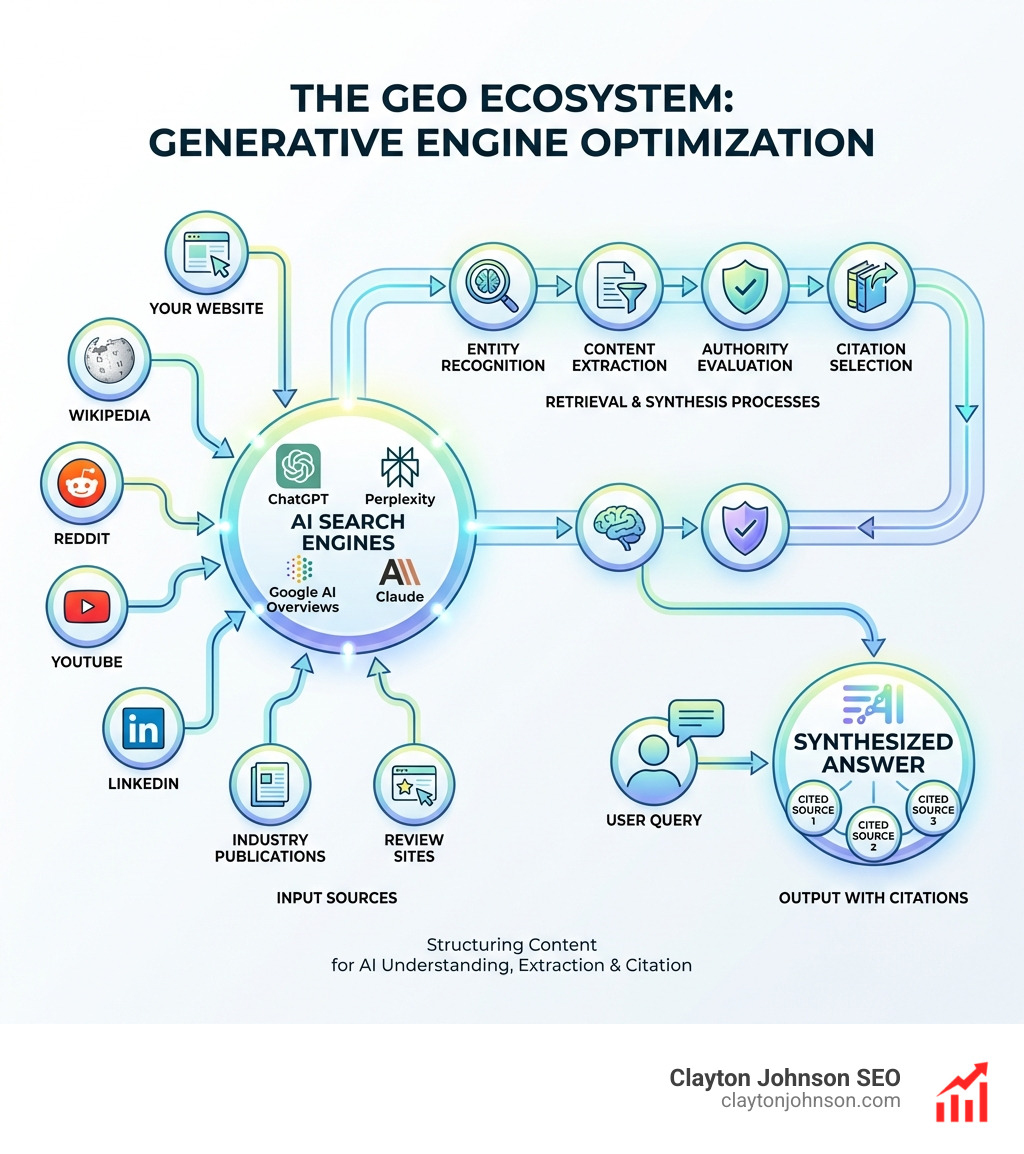 infographic showing the GEO ecosystem: AI search engines at the center (ChatGPT, Perplexity, Google AI Overviews, Claude), connected to input sources (your website, Wikipedia, Reddit, YouTube, LinkedIn, industry publications, review sites), flowing through retrieval and synthesis processes (entity recognition, content extraction, authority evaluation, citation selection), and outputting to user queries with cited sources and synthesized answers - generative engine optimization geo infographic 