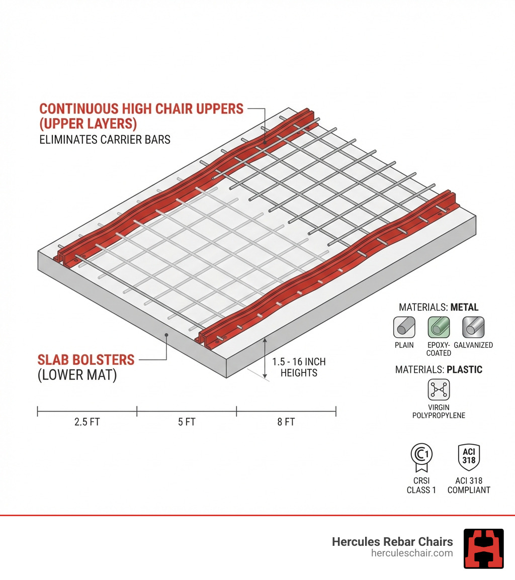 Infographic showing continuous rebar support types: slab bolsters supporting lower reinforcement mat in concrete slabs with 1.5-16 inch heights, continuous high chair uppers supporting upper steel layers while eliminating carrier bars, available in metal (epoxy-coated, plain, galvanized) and plastic (virgin polypropylene) materials, with standard lengths of 2.5 feet, 5 feet, and 8 feet, meeting CRSI Class 1 and ACI 318 standards - continuous rebar support infographic Infographic showing continuous rebar support types: slab bolsters supporting lower reinforcement mat in concrete slabs with 1.5-16 inch heights, continuous high chair uppers supporting upper steel layers while eliminating carrier bars, available in metal (epoxy-coated, plain, galvanized) and plastic (virgin polypropylene) materials, with standard lengths of 2.5 feet, 5 feet, and 8 feet, meeting CRSI Class 1 and ACI 318 standards - continuous rebar support infographic