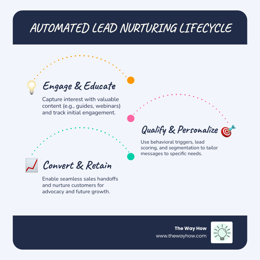 Infographic showing the automated lead nurturing lifecycle: starts with awareness stage triggers like content downloads, moves through consideration stage with lead scoring and segmentation, advances to decision stage with sales handoff protocols, and continues to advocacy stage with customer nurture and upsell sequences. Each stage shows behavioral triggers, content types, and key metrics to monitor. - Automated lead nurturing infographic infographic-line-3-steps-blues-accent_colors Infographic showing the automated lead nurturing lifecycle: starts with awareness stage triggers like content downloads, moves through consideration stage with lead scoring and segmentation, advances to decision stage with sales handoff protocols, and continues to advocacy stage with customer nurture and upsell sequences. Each stage shows behavioral triggers, content types, and key metrics to monitor. - Automated lead nurturing infographic infographic-line-3-steps-blues-accent_colors