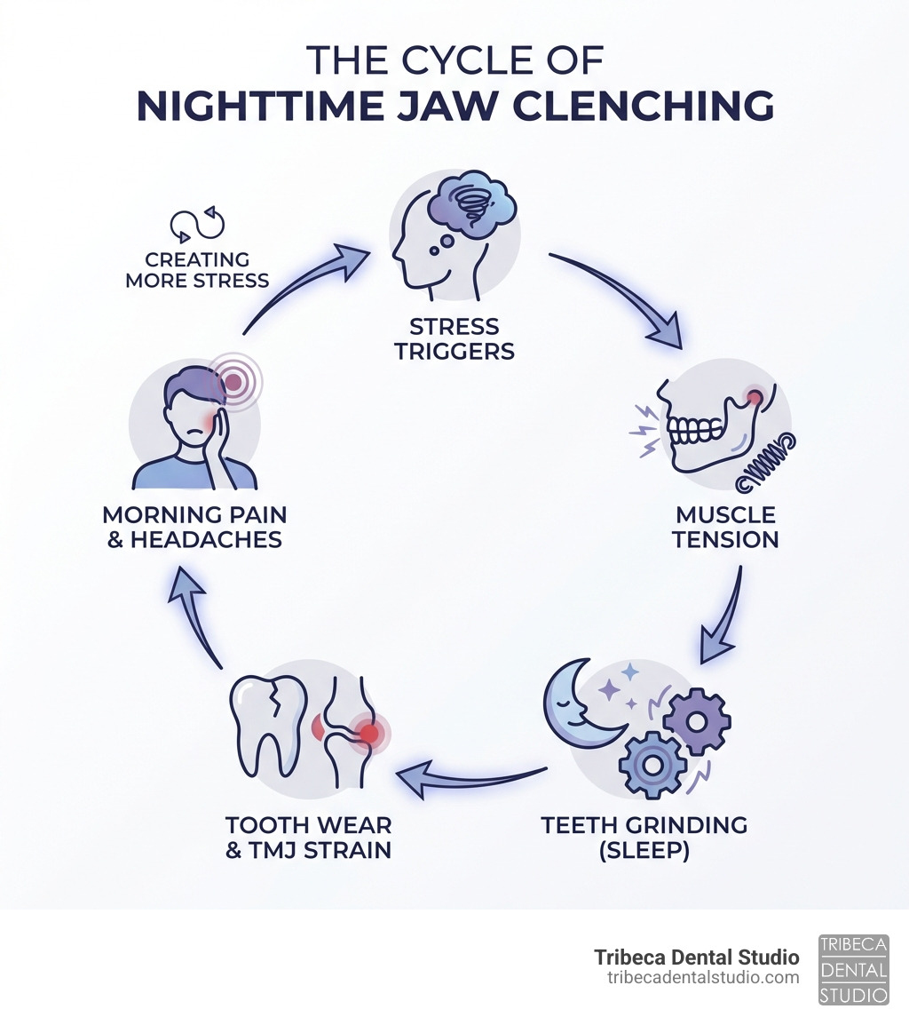 infographic showing the cycle of nighttime jaw clenching: stress triggers muscle tension, leading to teeth grinding during sleep, causing tooth wear and TMJ strain, which results in morning pain and headaches, creating more stress - how can i relax my jaw when i sleep infographic 