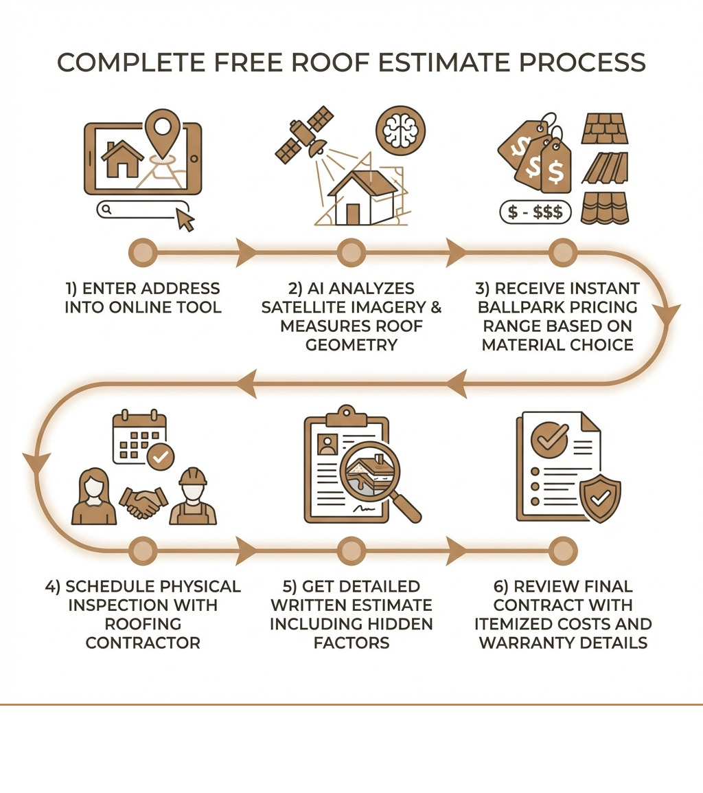 Infographic showing the complete free roof estimate process: 1) Enter your address into online tool, 2) AI analyzes satellite imagery and measures roof geometry, 3) Receive instant ballpark pricing range based on material choice, 4) Schedule physical inspection with roofing contractor, 5) Get detailed written estimate including hidden factors, 6) Review final contract with itemized costs and warranty details - free roof estimate infographic Infographic showing the complete free roof estimate process: 1) Enter your address into online tool, 2) AI analyzes satellite imagery and measures roof geometry, 3) Receive instant ballpark pricing range based on material choice, 4) Schedule physical inspection with roofing contractor, 5) Get detailed written estimate including hidden factors, 6) Review final contract with itemized costs and warranty details - free roof estimate infographic