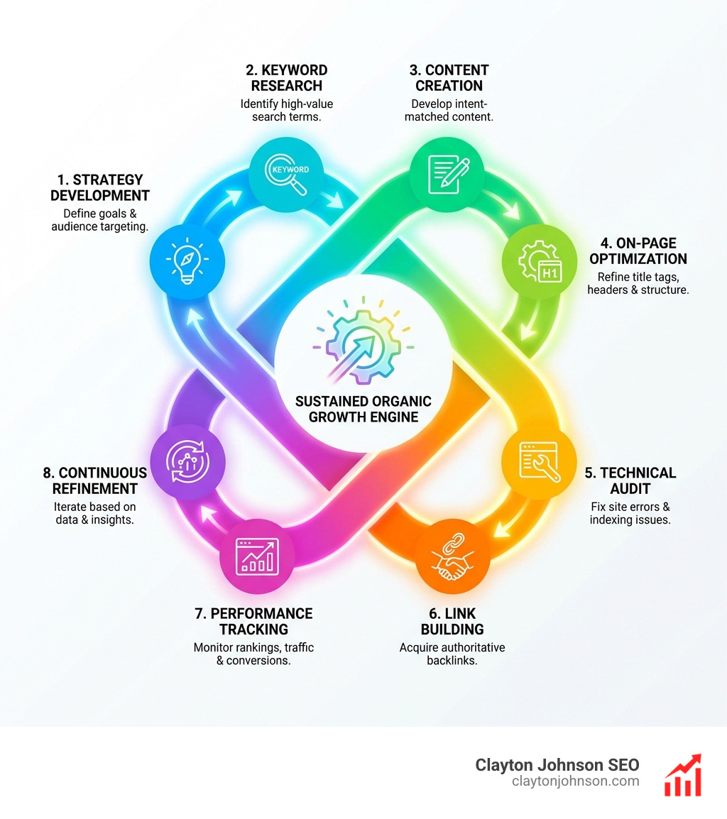 Infographic showing the complete SEO lifecycle: strategy development, keyword research, content creation, on-page optimization, technical audit, link building, performance tracking, and continuous refinement - SEO template download infographic 