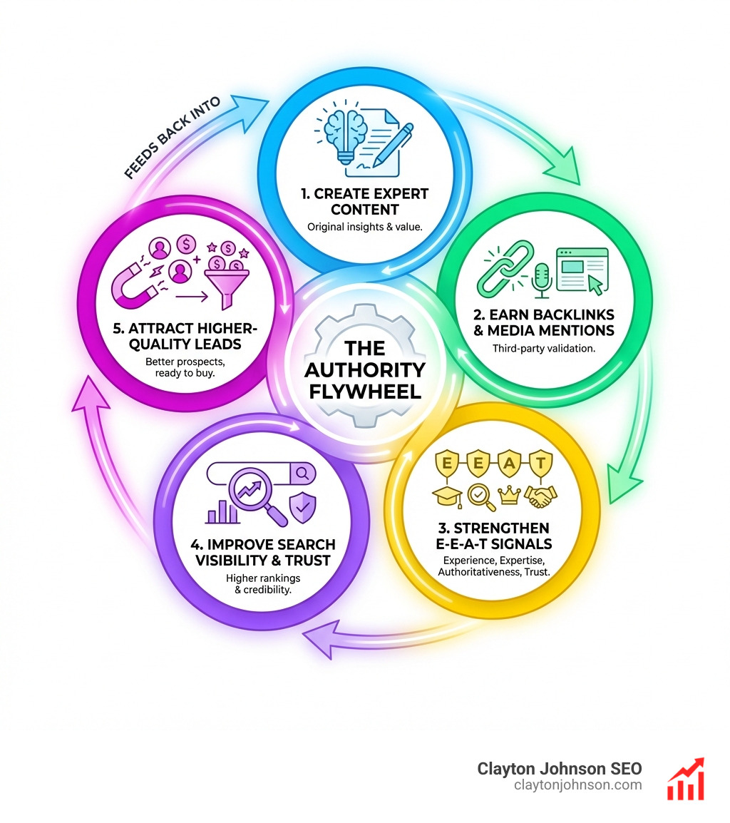 infographic showing the authority flywheel: create expert content, earn backlinks and media mentions, strengthen E-E-A-T signals, improve search visibility and trust, attract higher-quality leads, which feeds back into creating more expert content - How to build brand authority infographic 