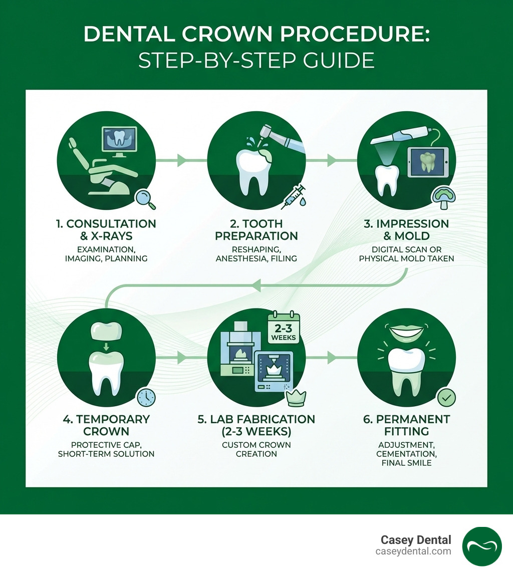 Step-by-step dental crown procedure infographic showing: 1) Initial consultation and examination with X-rays, 2) Tooth preparation with local anesthesia and filing, 3) Digital impression or mold taking, 4) Temporary crown placement, 5) Lab fabrication period of 2-3 weeks, 6) Permanent crown fitting and cementation - dental crown procedure infographic Step-by-step dental crown procedure infographic showing: 1) Initial consultation and examination with X-rays, 2) Tooth preparation with local anesthesia and filing, 3) Digital impression or mold taking, 4) Temporary crown placement, 5) Lab fabrication period of 2-3 weeks, 6) Permanent crown fitting and cementation - dental crown procedure infographic