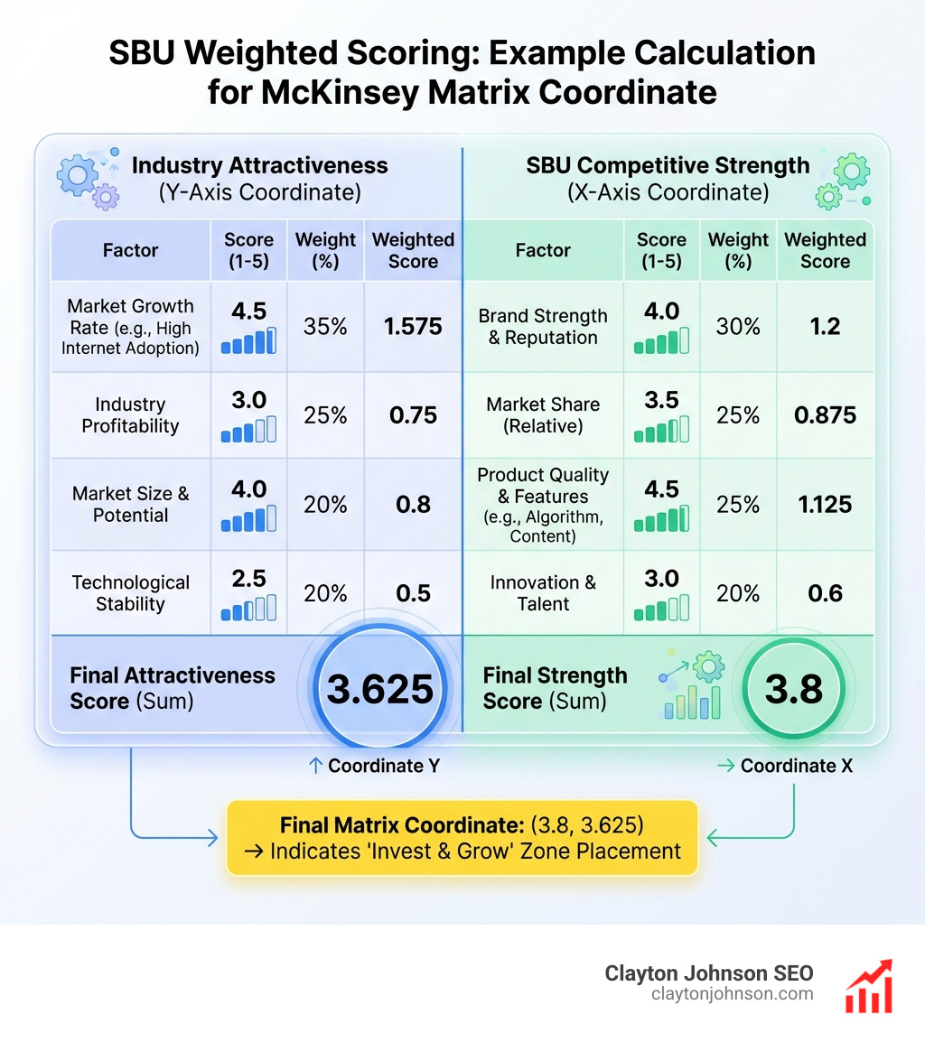 A table showing an example of weighted scoring for an SBU, with factors like market growth and brand strength multiplied by their relative weights to reach a final coordinate for the matrix - McKinsey matrix portfolio strategy infographic 