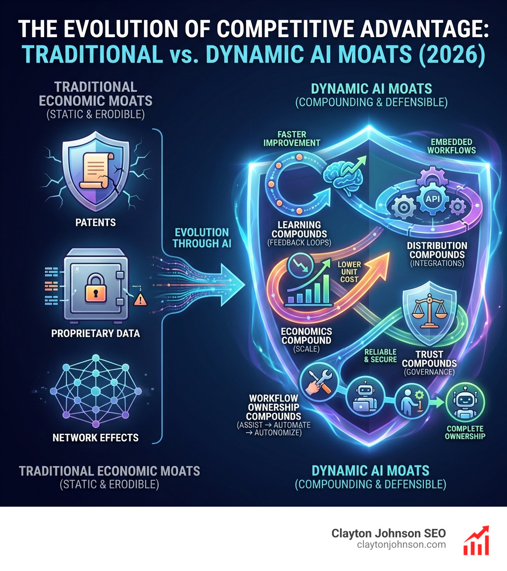 Infographic showing the evolution from traditional economic moats (patents, proprietary data, network effects) to dynamic AI moats (learning compounds through feedback loops, distribution compounds through integrations, economics compound through scale, trust compounds through governance, workflow ownership compounds from assist to automate to autonomize) - advanced ai moat analysis infographic 