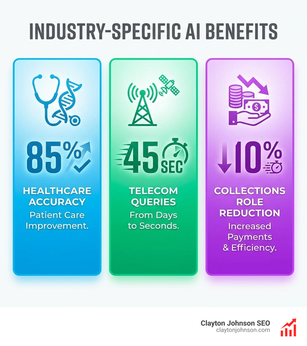 infographic showing industry-specific AI benefits: 85% accuracy in healthcare, 45-second queries in telecom, and 10% role reduction in collections - Artificial Intelligence (AI) Services and Consulting infographic 