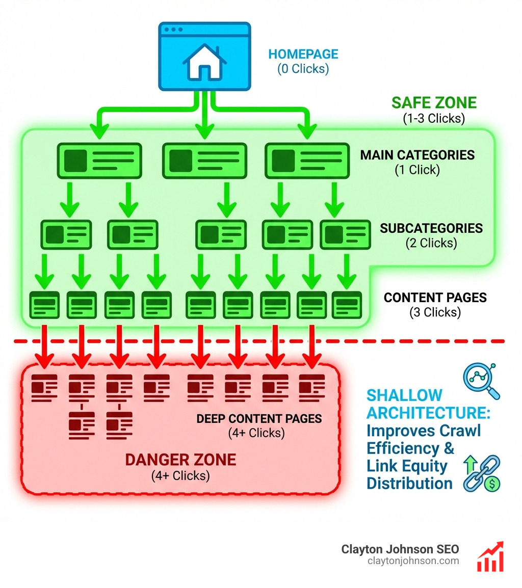 Infographic showing the 3-click rule of site architecture. The graphic depicts a homepage at the top, branching down to main categories, then subcategories, and finally individual content pages. A green "Safe Zone" highlights pages within 1-3 clicks, while a red "Danger Zone" shows pages 4+ clicks deep. Text explains that shallow architecture improves crawl efficiency and link equity distribution. - architecture content seo taxonomy infographic Infographic showing the 3-click rule of site architecture. The graphic depicts a homepage at the top, branching down to main categories, then subcategories, and finally individual content pages. A green "Safe Zone" highlights pages within 1-3 clicks, while a red "Danger Zone" shows pages 4+ clicks deep. Text explains that shallow architecture improves crawl efficiency and link equity distribution. - architecture content seo taxonomy infographic