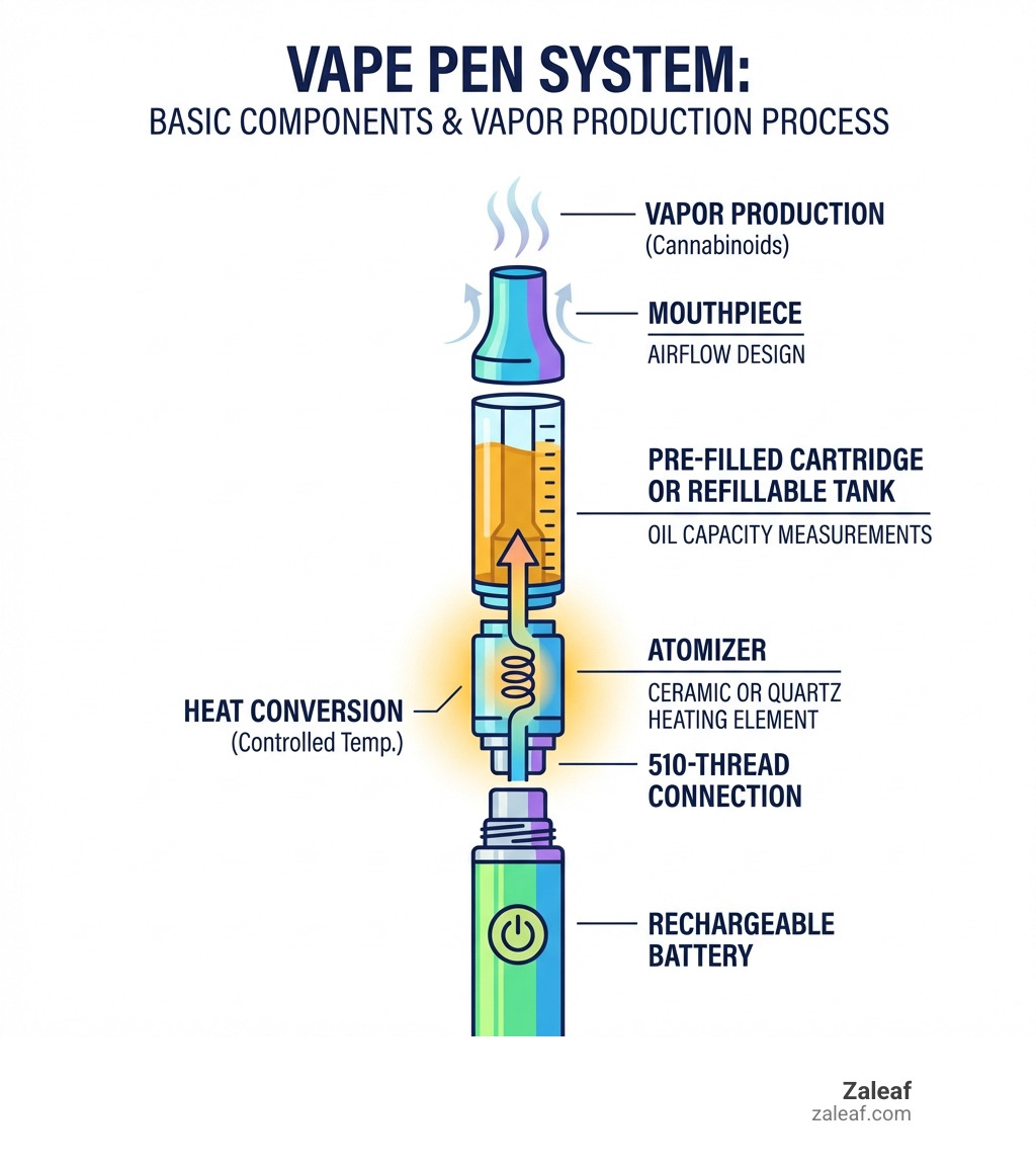 Infographic showing the basic components of a vape pen system: rechargeable battery with 510-thread connection, atomizer with ceramic or quartz heating element, pre-filled cartridge or refillable tank with oil capacity measurements, mouthpiece with airflow design, and the vapor production process showing heat conversion of cannabinoids at controlled temperatures - vape pen infographic Infographic showing the basic components of a vape pen system: rechargeable battery with 510-thread connection, atomizer with ceramic or quartz heating element, pre-filled cartridge or refillable tank with oil capacity measurements, mouthpiece with airflow design, and the vapor production process showing heat conversion of cannabinoids at controlled temperatures - vape pen infographic