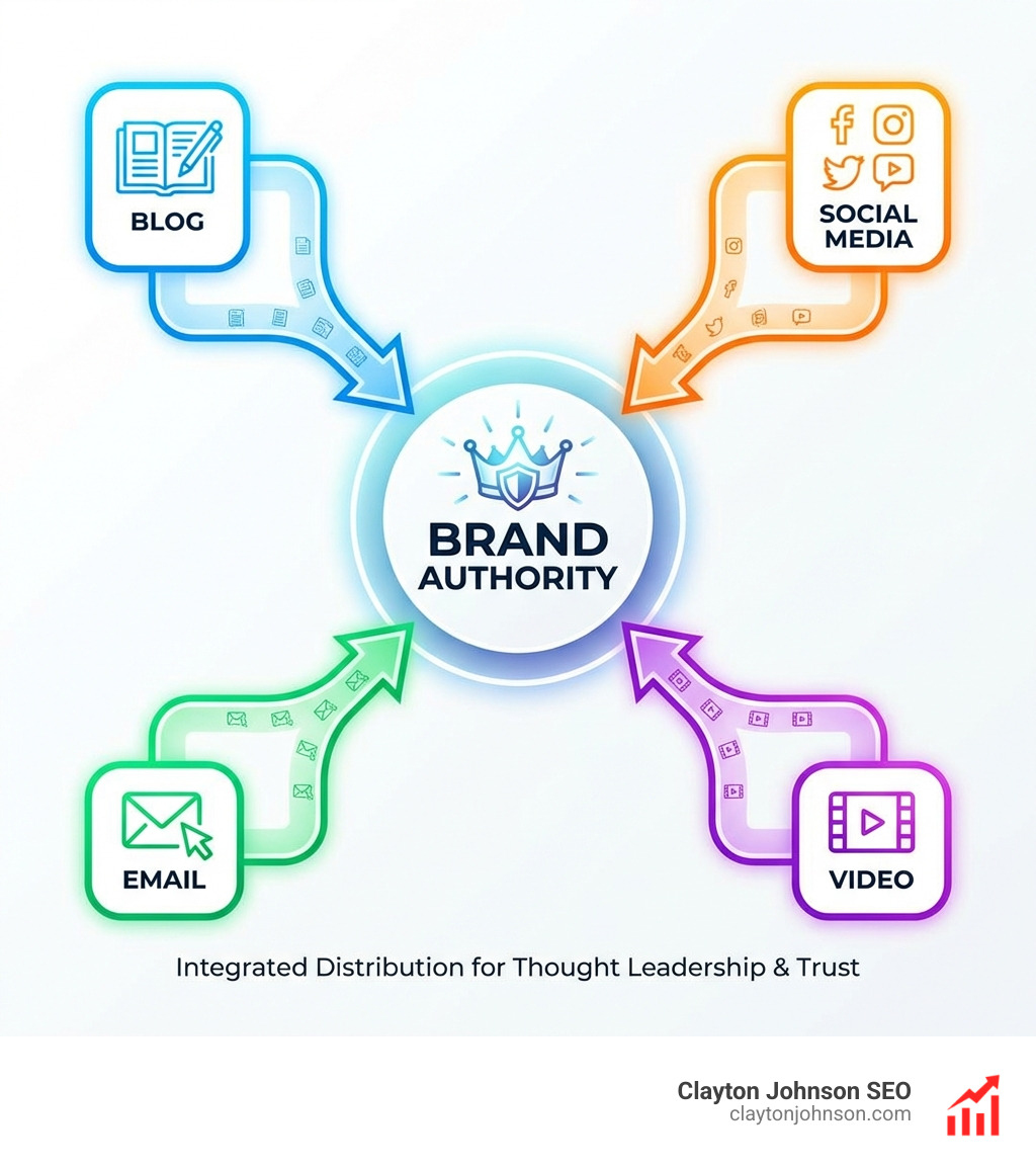 infographic showing distribution channels: Blog, Social Media, Email, and Video, all pointing toward a central Brand Authority hub - How to build brand authority infographic 