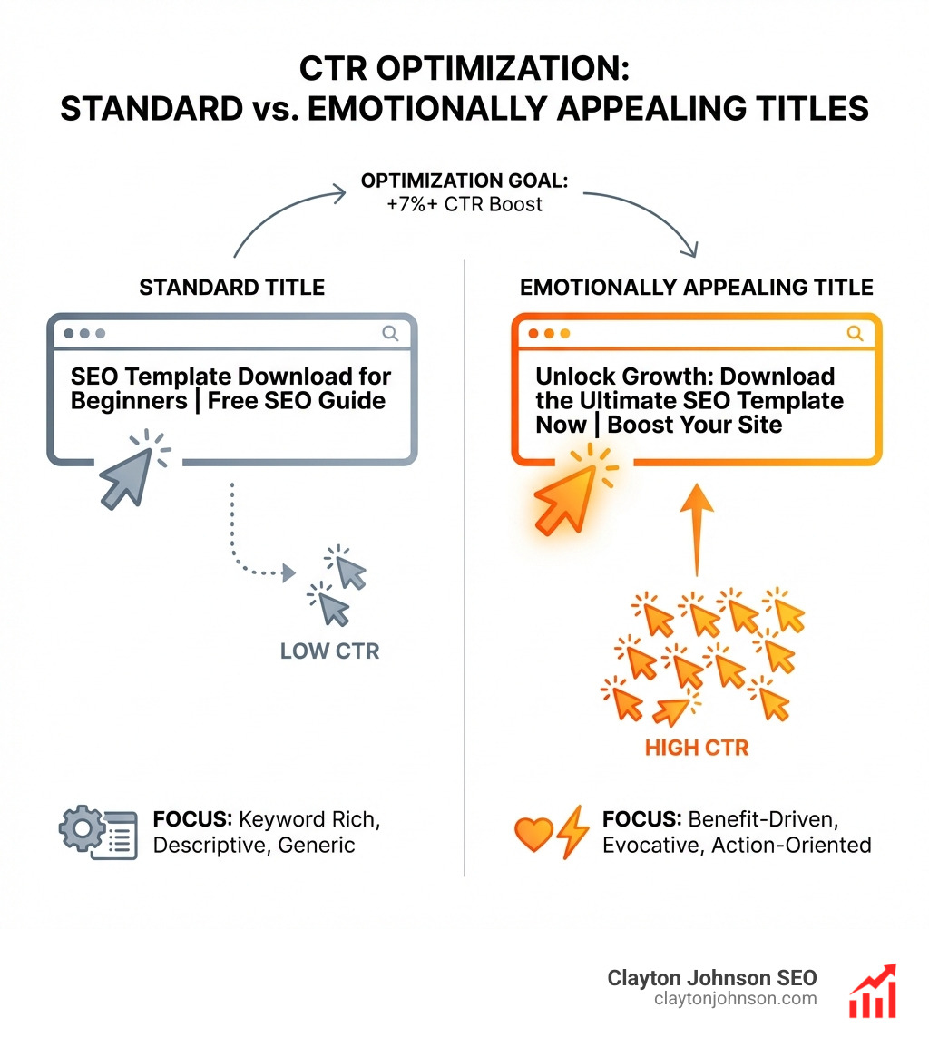 Infographic of CTR optimization showing the difference between a standard title and an emotionally appealing title - SEO template download infographic 