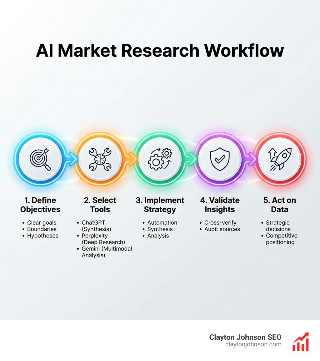 infographic showing the AI market research workflow: Define Objectives → Select Tools (ChatGPT, Perplexity, Gemini) → Implement Strategy (automation, synthesis, analysis) → Validate Insights (cross-verify, audit sources) → Act on Data (strategic decisions, competitive positioning) - how to use ai for market research infographic infographic showing the AI market research workflow: Define Objectives → Select Tools (ChatGPT, Perplexity, Gemini) → Implement Strategy (automation, synthesis, analysis) → Validate Insights (cross-verify, audit sources) → Act on Data (strategic decisions, competitive positioning) - how to use ai for market research infographic