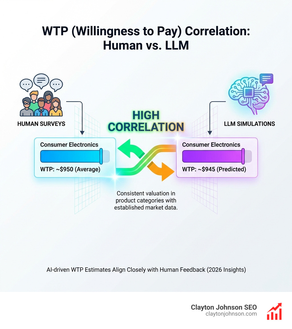 infographic showing the difference in WTP (Willingness to Pay) between human surveys and LLM simulations, showing high correlation in categories like consumer electronics - how to use ai for market research infographic infographic showing the difference in WTP (Willingness to Pay) between human surveys and LLM simulations, showing high correlation in categories like consumer electronics - how to use ai for market research infographic