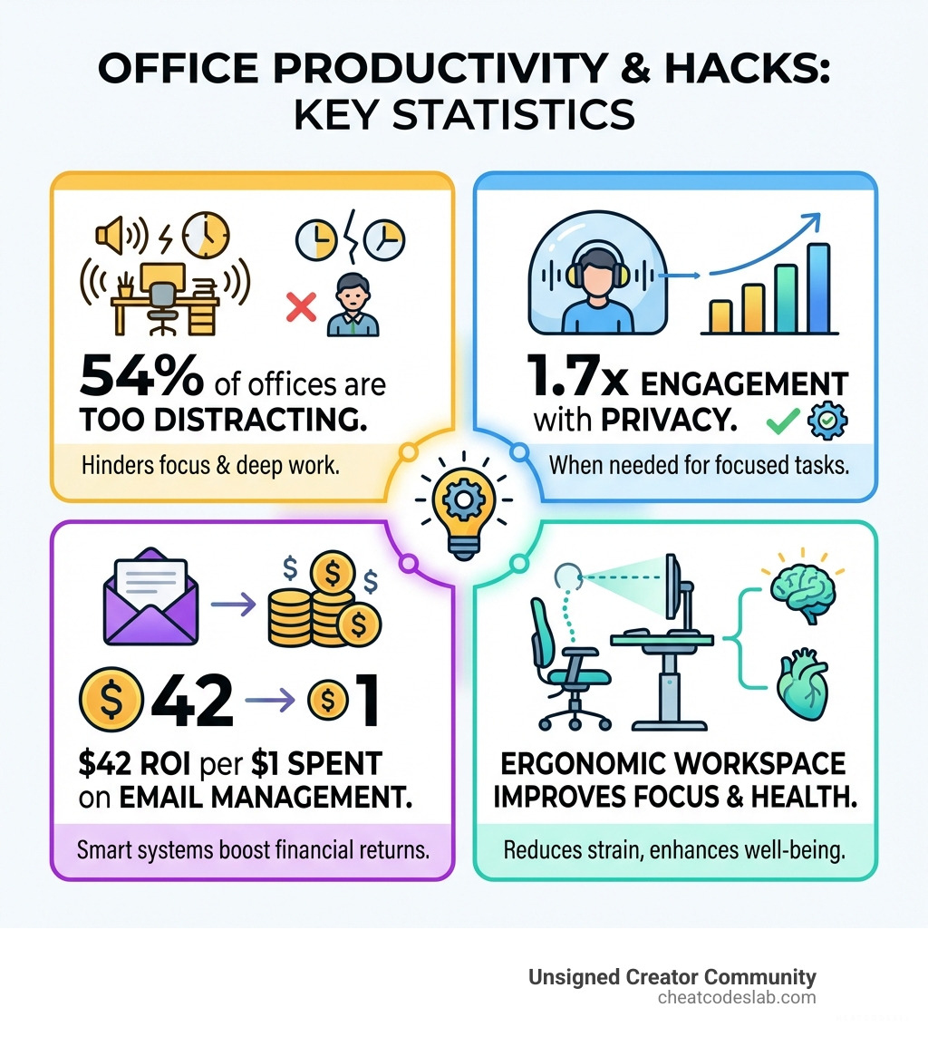 infographic showing office productivity statistics including 54% of offices being too distracting, 1.7x engagement with privacy, email management ROI of 42 dollars per dollar spent, and the impact of ergonomic workspace setup on focus and health - best office hacks infographic 