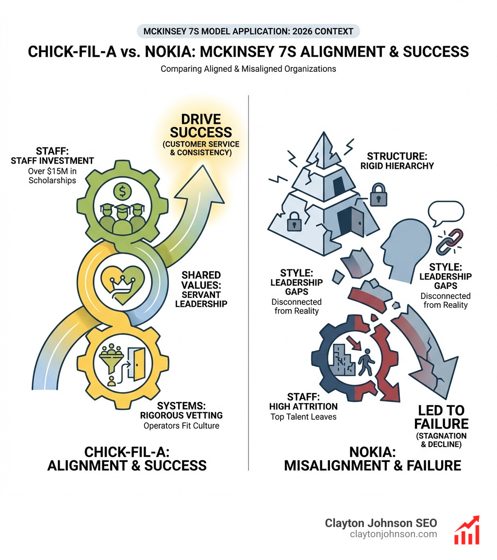 Infographic comparing the success of Chick-fil-A's alignment with Nokia's misalignment, highlighting how Chick-fil-A's servant leadership and staff investment drive success, while Nokia's rigid hierarchy and leadership gaps led to failure - McKinsey 7S model application infographic 
